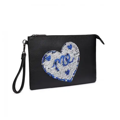 LT6822L-MISS LULU PU LEATHER SEQUIN HEART ME CLUTCH BAG BLACK by All Mart Bristol Ltd