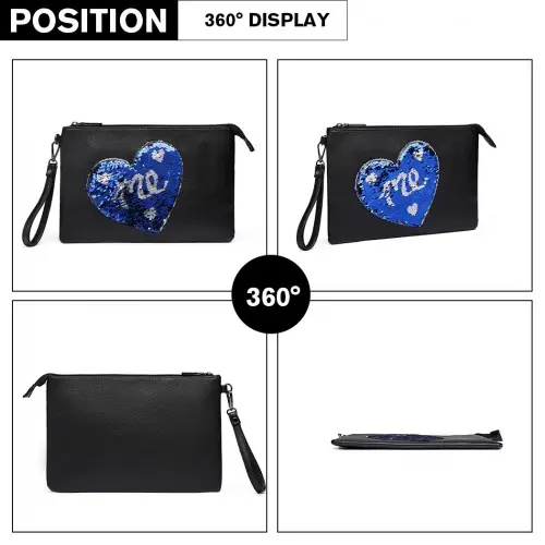 LT6822L-MISS LULU PU LEATHER SEQUIN HEART ME CLUTCH BAG BLACK by All Mart Bristol Ltd