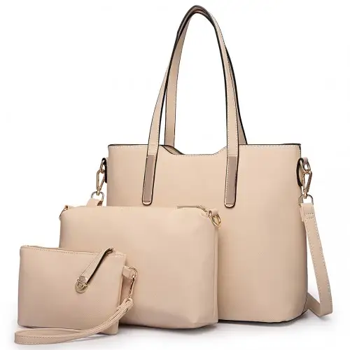 LT6648 - Miss Lulu Three Piece Tote Shoulder Bag And Clutch - Beige by All Mart Bristol Ltd