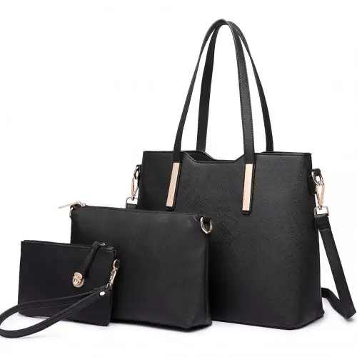 LT6648 - Miss Lulu Three Piece Tote Shoulder Bag And Clutch - Black by All Mart Bristol Ltd