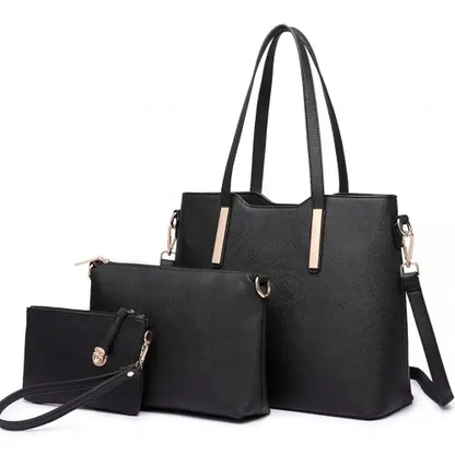 LT6648 - Miss Lulu Three Piece Tote Shoulder Bag And Clutch - Black by All Mart Bristol Ltd