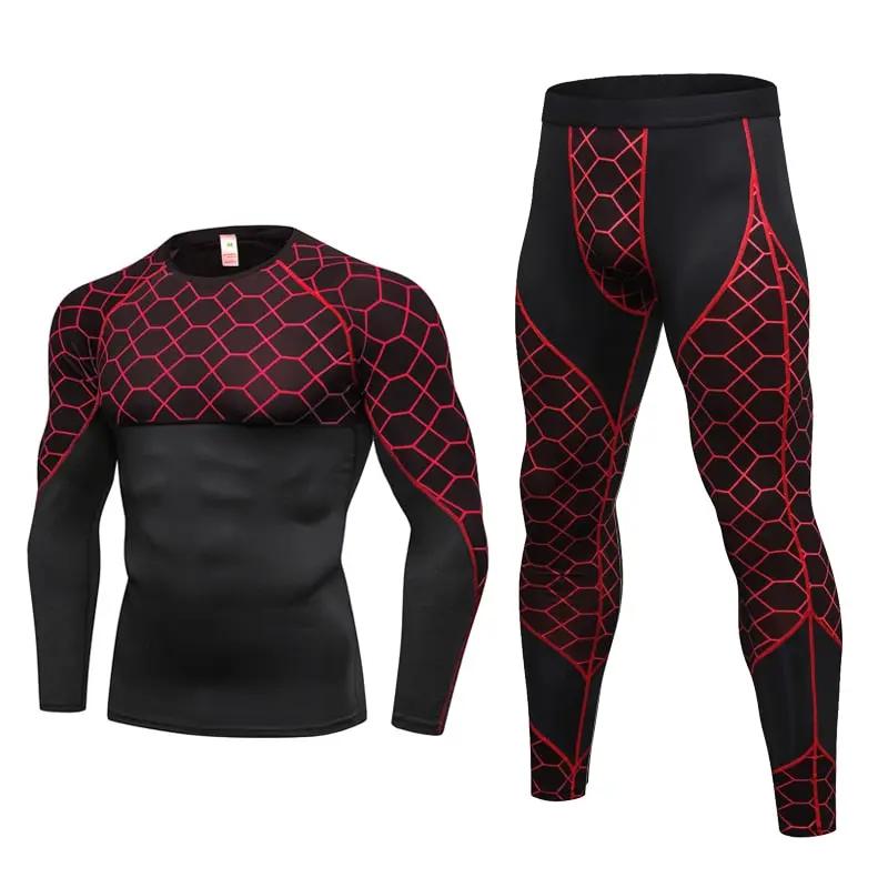Men's Compression Run jogging Suits Grid Clothes Sports Set Long t shirt And Pants Gym Fitness workout Tights clothing 2pcs Sets by Dropshipman