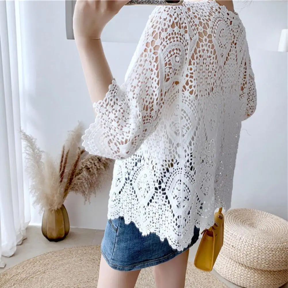 Handcrafted Lace Cardigan Crochet Women Cardigan 2025 3/4 Sleeve Hollow Out Open Front Sheer Sweater Boho Summer Knit Shrug by All Mart Bristol Ltd
