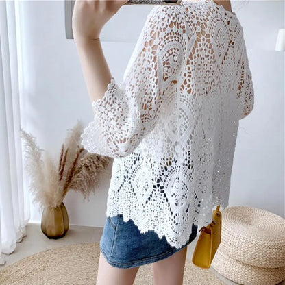 Handcrafted Lace Cardigan Crochet Women Cardigan 2025 3/4 Sleeve Hollow Out Open Front Sheer Sweater Boho Summer Knit Shrug by All Mart Bristol Ltd