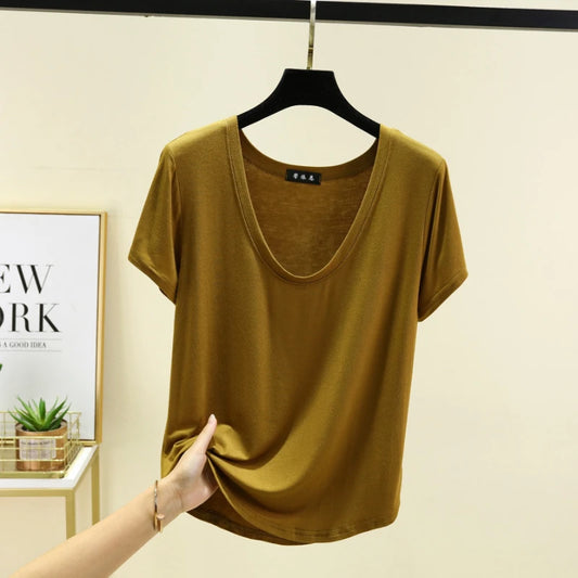 Summer Pure Color Modal Short-Sleeved T-Shirt for Women Large Size Suitable for Wearing as an Undergarment or over Pajamas by All Mart Bristol Ltd
