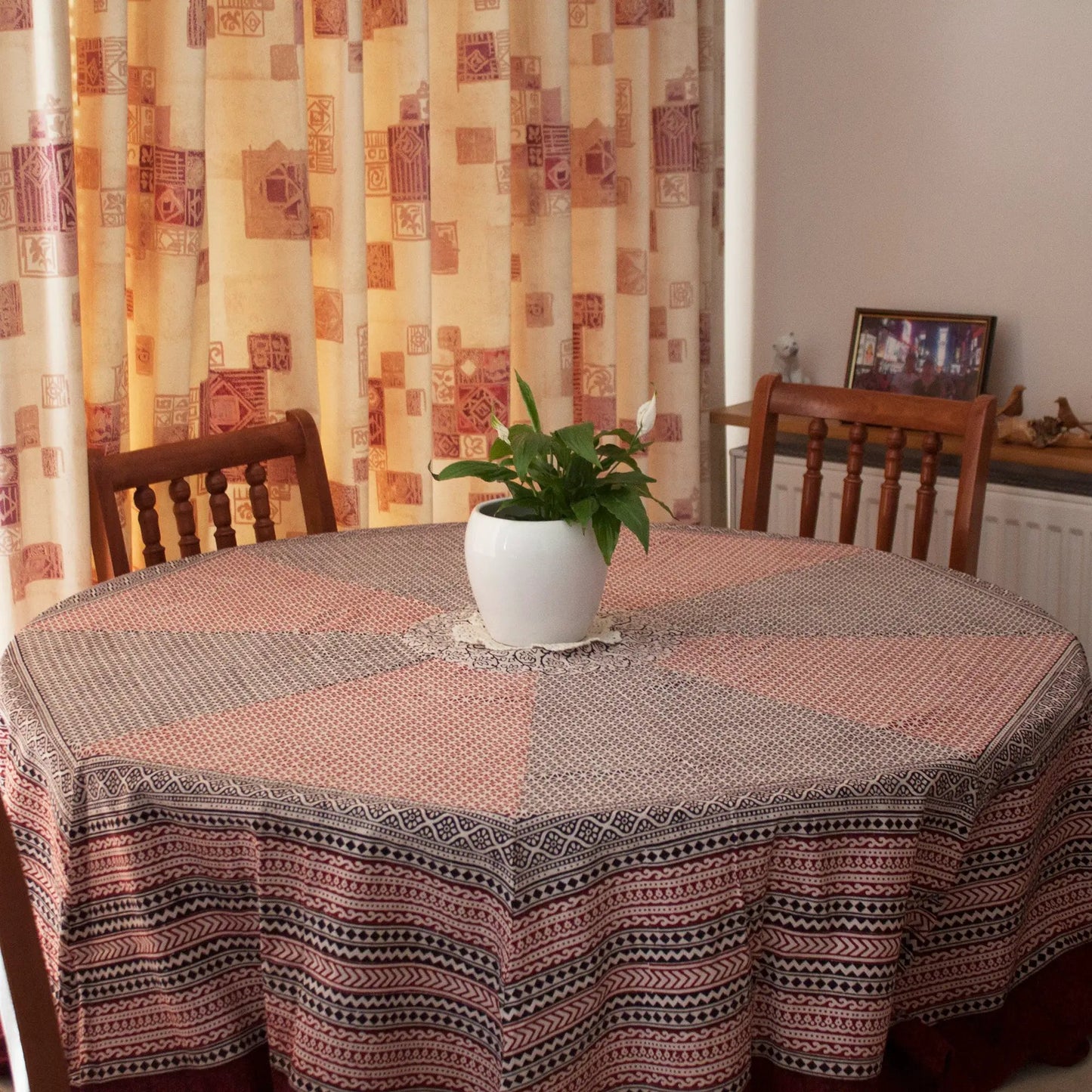 Ditsy Diamond Hand-block Print Round Table Cloth - Black Red by SVEZElife