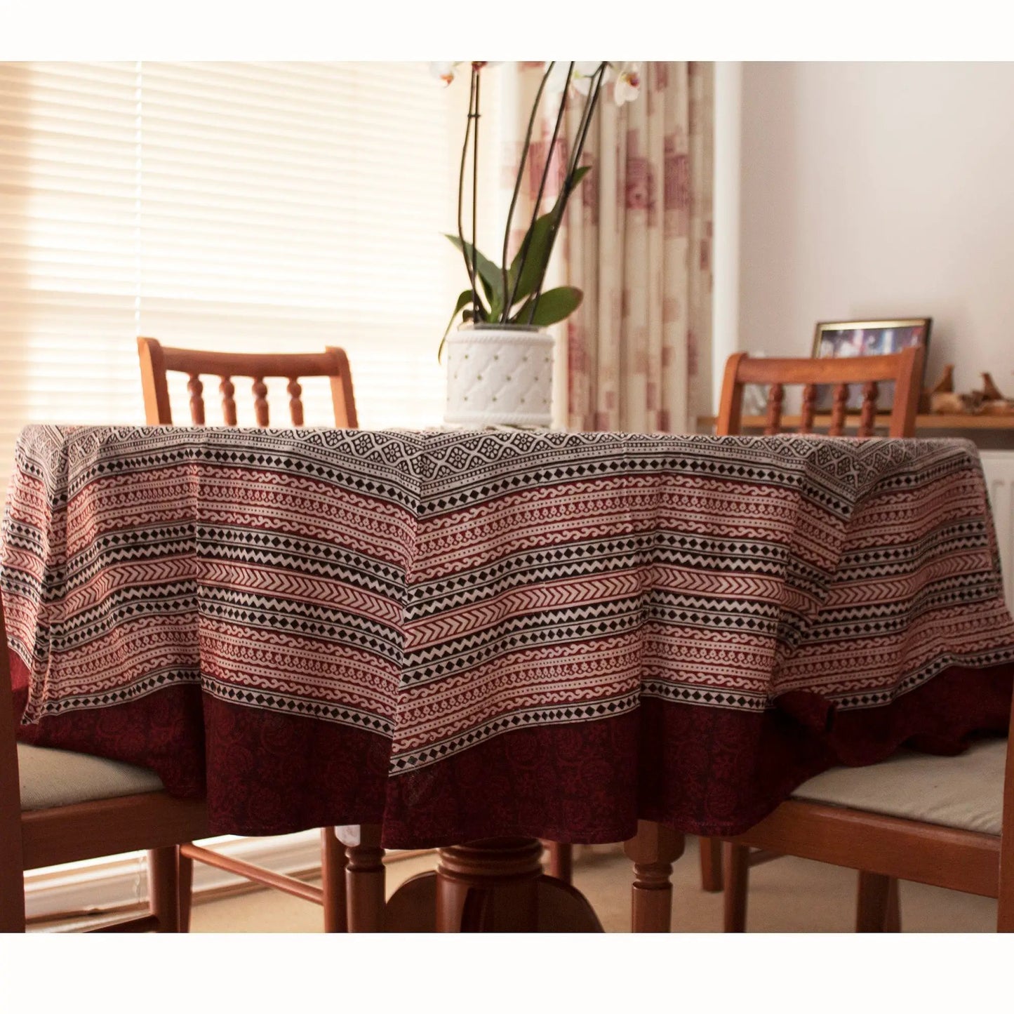 Ditsy Diamond Hand-block Print Round Table Cloth - Black Red by SVEZElife