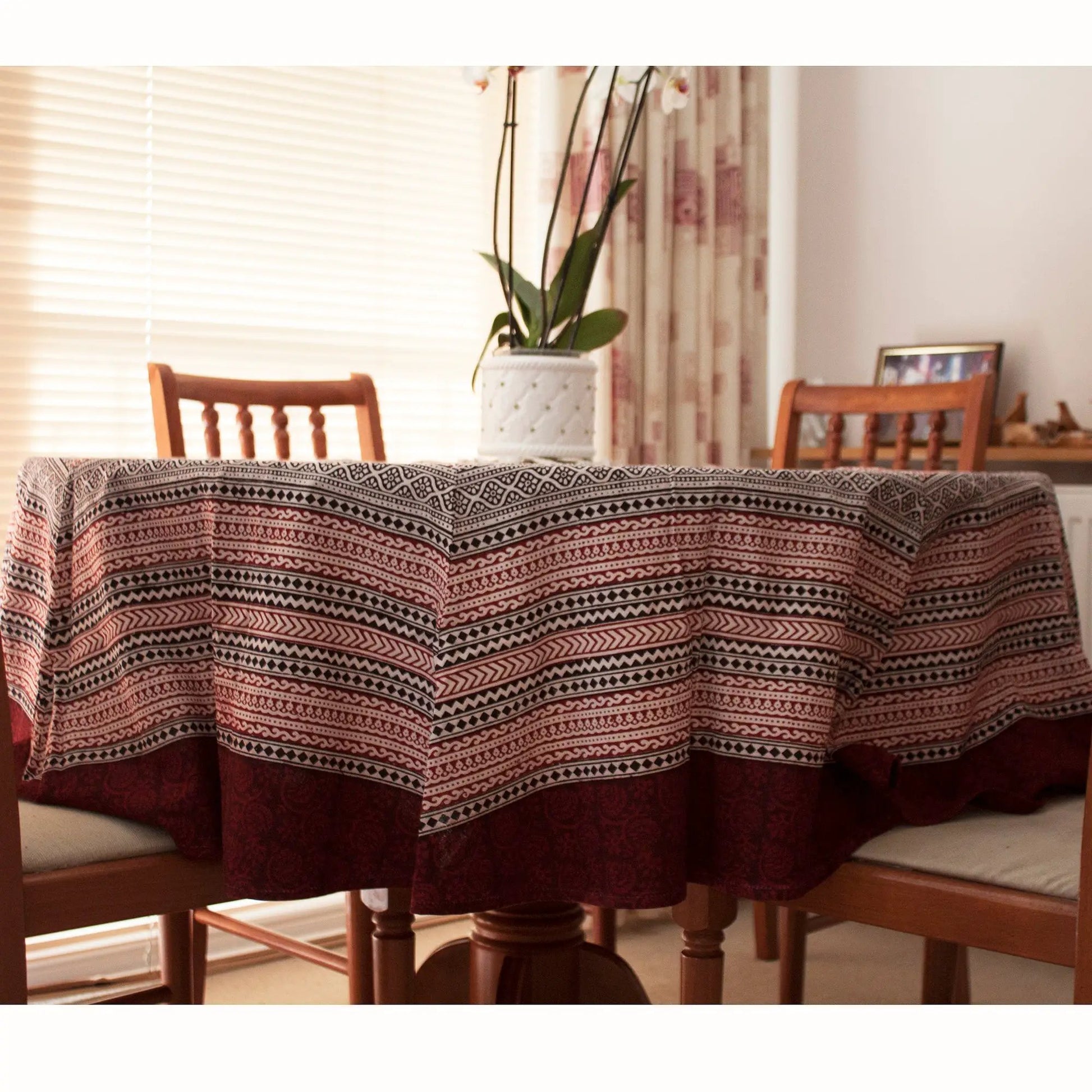 Ditsy Diamond Hand-block Print Round Table Cloth - Black Red by SVEZElife