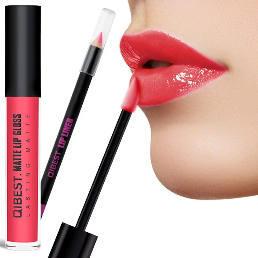 Qibest Double Pack Matt Liquid Lip Gloss and Lip Pencil Liner Kit, Bright Pink by Make Up