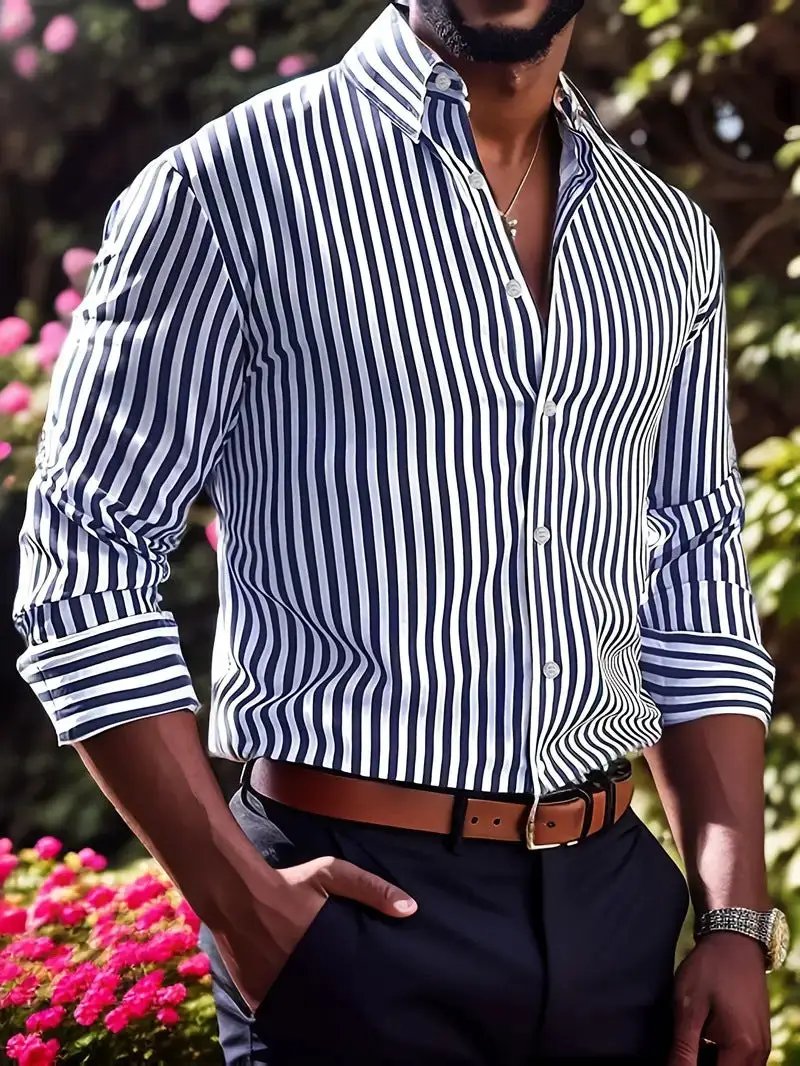 Ins Stripe Printed Long Sleeve Shirt Men Fashion Casual Lapel Button Top Clothing by Dropshipman