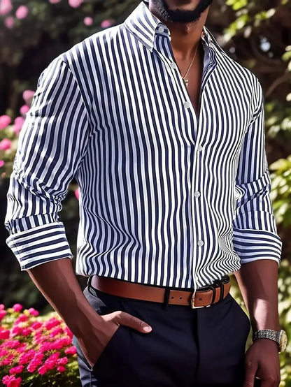 Ins Stripe Printed Long Sleeve Shirt Men Fashion Casual Lapel Button Top Clothing by Dropshipman
