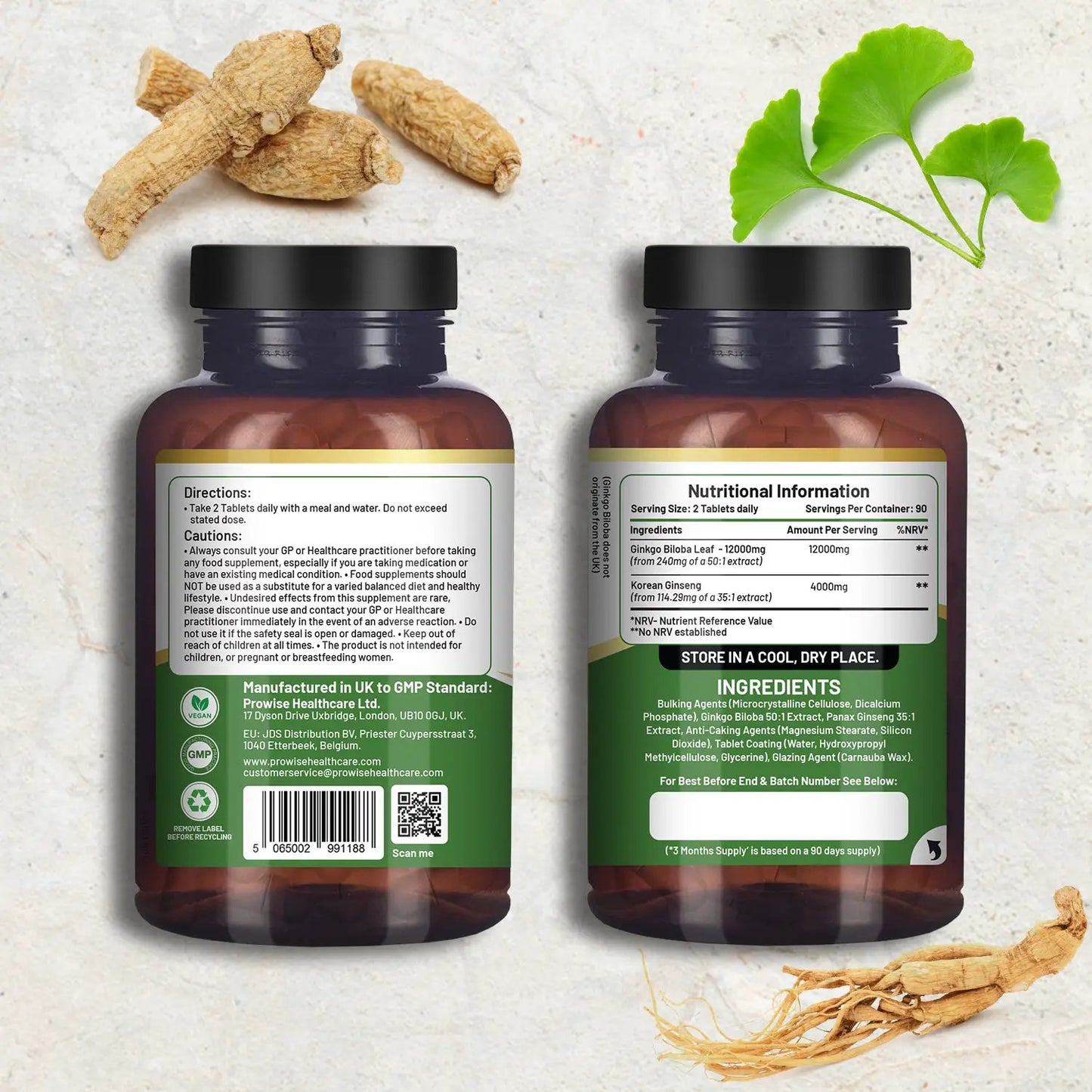 Ginkgo Biloba and Korean Ginseng Tablets 16000mg 180 Vegan Tablets by Prowise by Prowise Healthcare