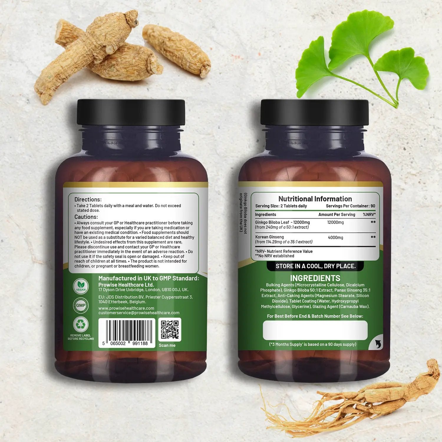 Ginkgo Biloba and Korean Ginseng Tablets 16000mg 180 Vegan Tablets by Prowise by Prowise Healthcare