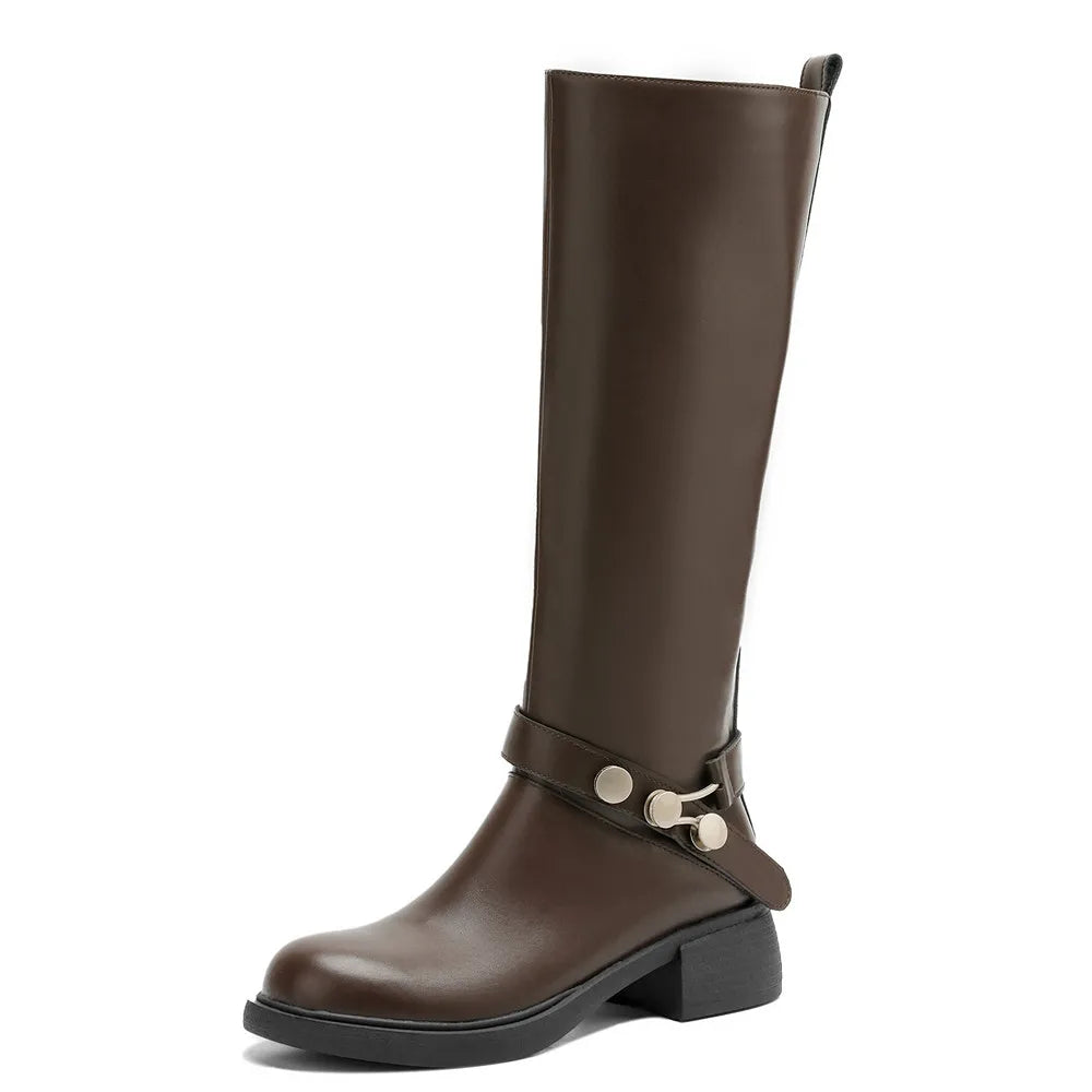 MILI-MIYA New Women's Cowhide Riding Boots Round-Toe Chunky Heel Solid-Colour Knee-High Boots Classic Metal Buckle Detail Handma by All Mart Bristol Ltd