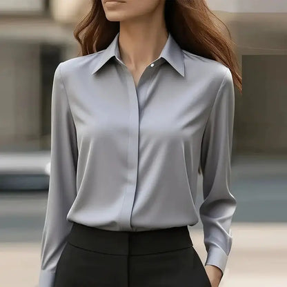 New Women's Office Blouse Long Sleeve Turn Down Collar Formal Shirt, Solid Colors Blue White Black Gray by All Mart Bristol Ltd