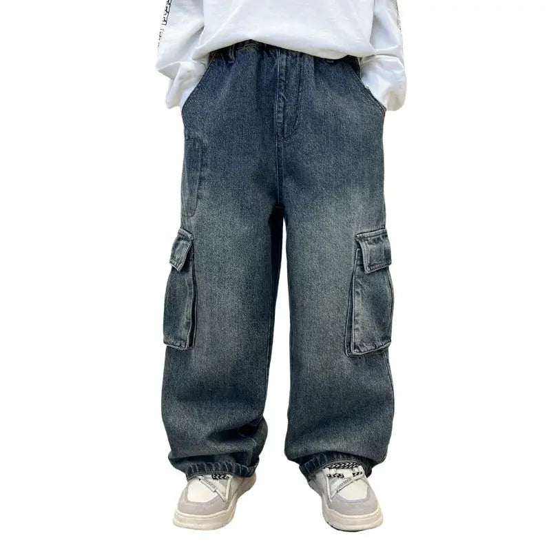 New Autumn Children Cargo Jeans with Side Pocket for Tween fried street Boys Loose Straight Denim Pants Kids Retro Blue Trousers by All Mart Bristol Ltd