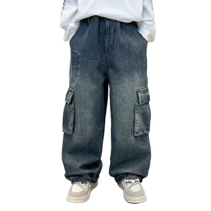 New Autumn Children Cargo Jeans with Side Pocket for Tween fried street Boys Loose Straight Denim Pants Kids Retro Blue Trousers by All Mart Bristol Ltd