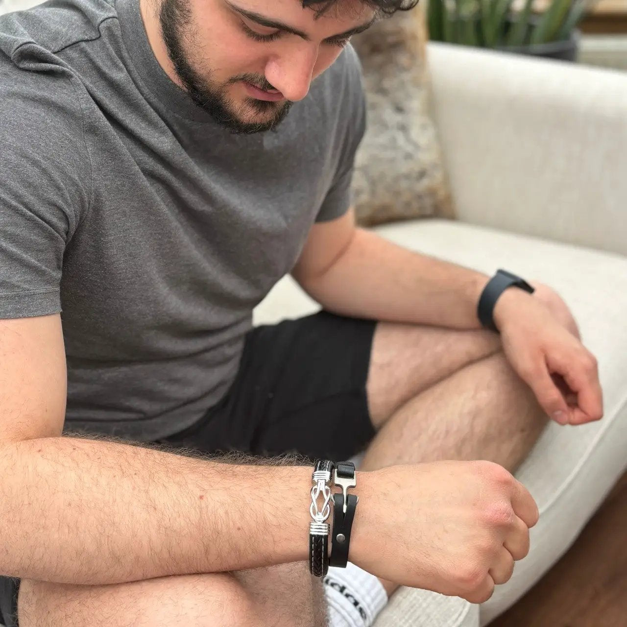 Men's Black Leather Silver Hook Bracelet by Aye Do Gifts