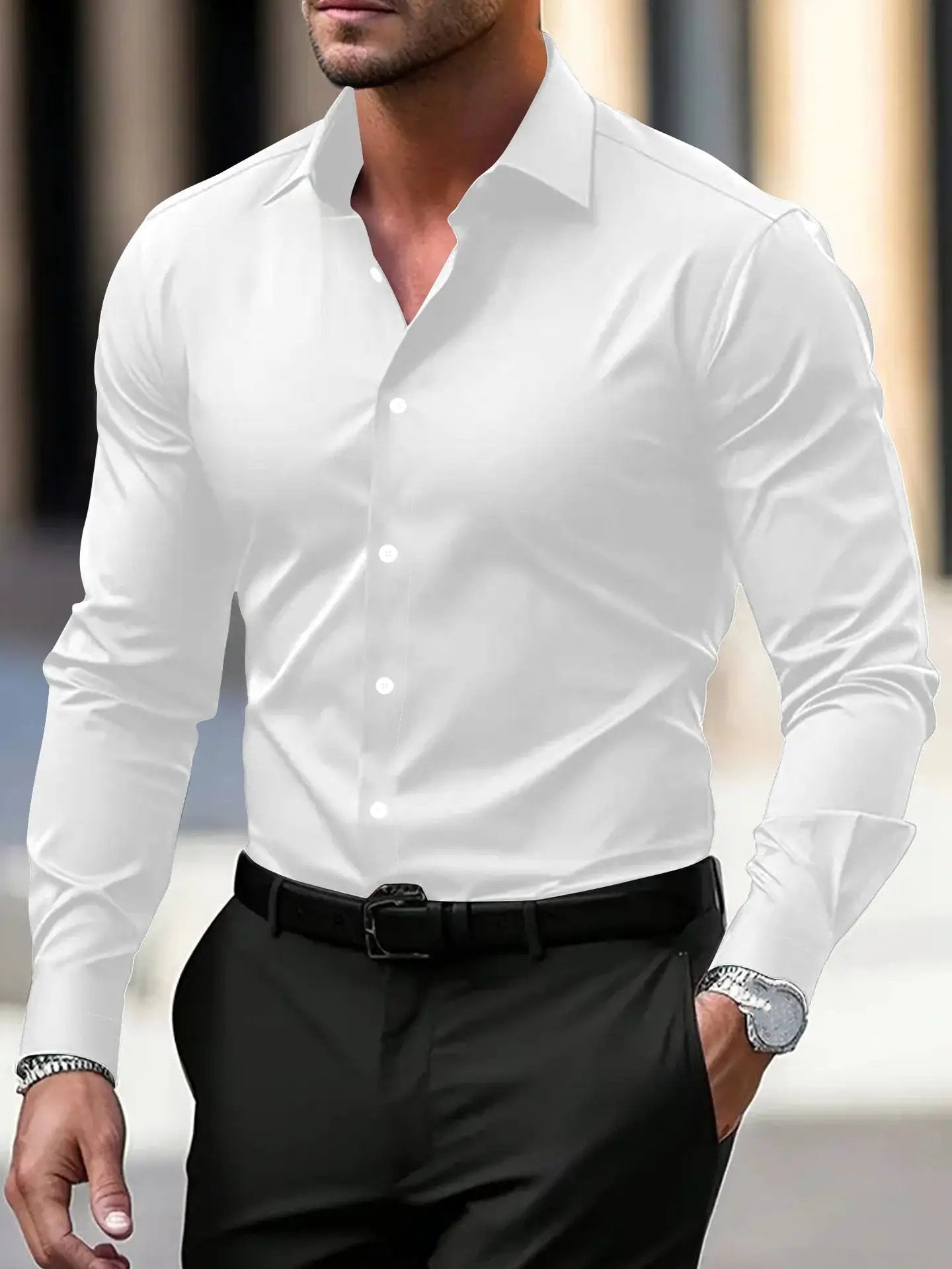 Men's Shirt Business Button Down Shirt Summer Solid Color Long Sleeve Lapel Vacation Shirt Fashion Temperament Casual Tops by Dropshipman