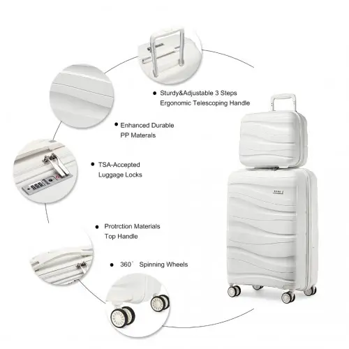 K2094L - Kono 14/20 Inch Lightweight Polypropylene Hard Shell 2 Piece Suitcase Set With TSA Lock And Vanity Case - Cream White by All Mart Bristol Ltd