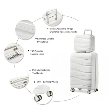 K2094L - Kono 14/20 Inch Lightweight Polypropylene Hard Shell 2 Piece Suitcase Set With TSA Lock And Vanity Case - Cream White by All Mart Bristol Ltd