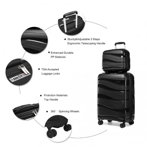 K2094L - Kono 14/20 Inch Lightweight Polypropylene Hard Shell 2 Piece Suitcase Set With TSA Lock And Vanity Case - Black by All Mart Bristol Ltd