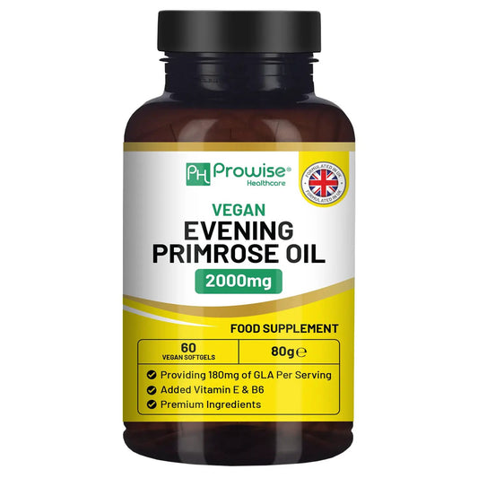 Vegan Evening Primrose Oil 2000mg with Vitamin E & B6 ? 60 Vegan Softgels| Pure Cold Pressed I 180mg GLA per Capsule I Women's Health I Premium Quality I by Prowise Healthcare by Prowise Healthcare