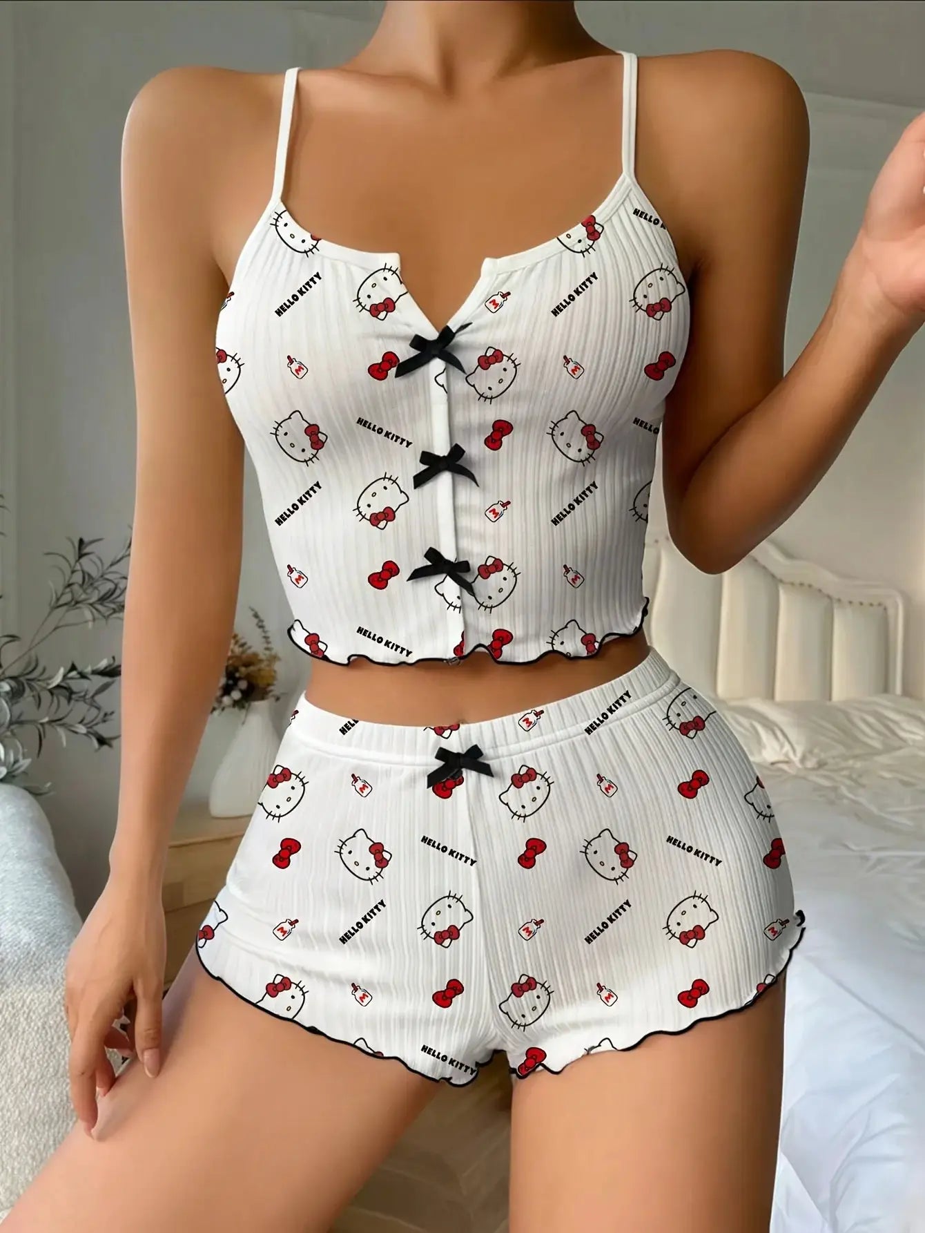 Sanrio Hello Kitty Bowknot Suspender Top Shorts Casual 2pcs Pajama Set Fashionable Thin Shoulder Strap Sexy Sleepwear Soft Pj by All Mart Bristol Ltd