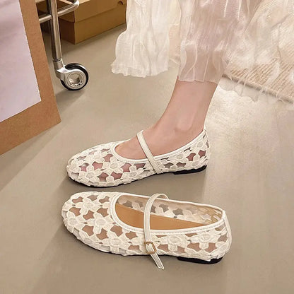 Women's Ballet Flats Ballerina Shoes 2026 Summer New Comfortable Embroidered Mesh Buckle Strap Elegant Shoe by All Mart Bristol Ltd
