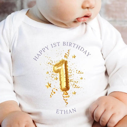 Personalised 1st Birthday Gold Balloon Baby Outfit: Bib, Vest, Baby Grow by Aye Do Gifts