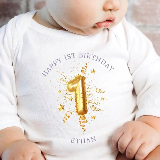Personalised 1st Birthday Gold Balloon Baby Outfit: Bib, Vest, Baby Grow by Aye Do Gifts