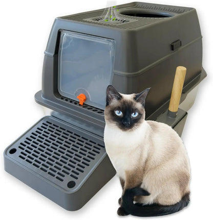 IGAD XXL Stainless Steel Cat Litter Box – High Sides, Non-Stick, Easy Clean, Odour Control, Removable Lid & Scoop (Grey Double Entry) by IGAD