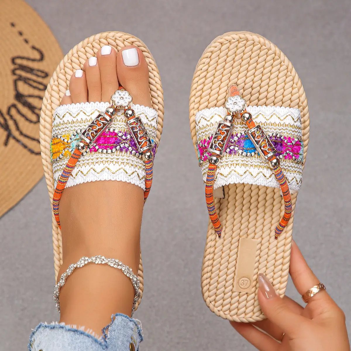 Bohemian Flat Plus Size Flip Flops Ethnic Style by Dropshipman