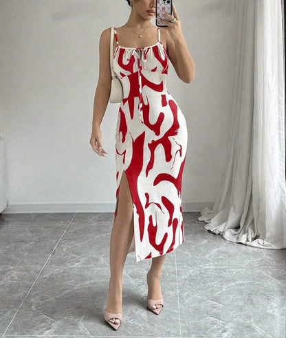 Summer Printed Suspender Split Dress Fashion Slim Lace-up Long Dresses For Women Clothing by Dropshipman