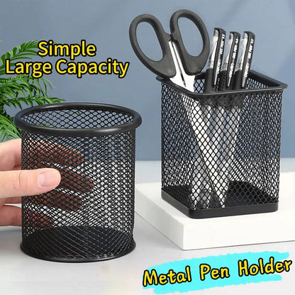 Multifunction Round/Square Pen Holder Office Desk Metal Mesh Pen Pot Cup Case Container Organiser Durable Pencil Case Stationery by All Mart Bristol Ltd