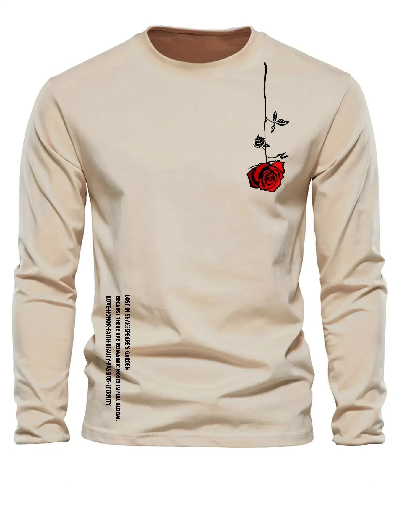 100% pure cotton men's long sleeved round neck loose casual rose letter printed spring and autumn versatile T-shirt top by All Mart Bristol Ltd