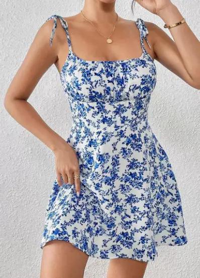 Floral Print Dress Summer Sweet A- Line Waist Trimming Dresses Women's Slimming Casual Clothing by Dropshipman