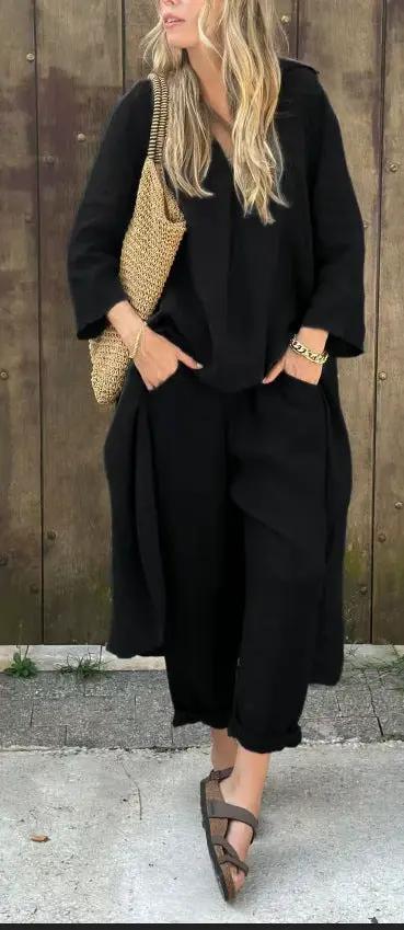 2pcs Long-sleeved Suits Loose V-neck Long Top And High Waist Wide Leg Pants With Pockets Women's Clothing by Dropshipman