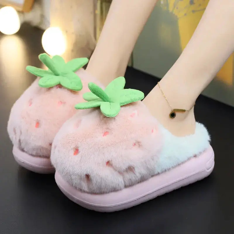Newest 2025 Creative Strawberry Fur Slippers with Stem Ladies Platfrom EVA Plush Slides Shoes for Women Brand Plush Slippers by All Mart Bristol Ltd