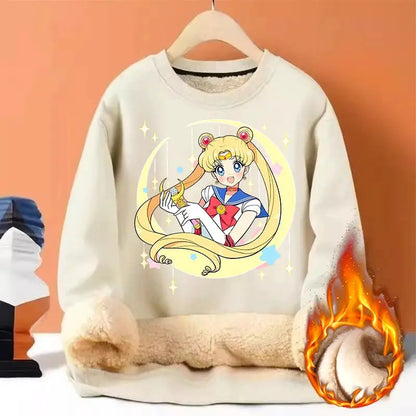 Sailor Moon Woman Thick Sweatshirt Lamb Wool Round Neck Hoodid Girl Cute Long Sleeves Fashion Sportswear Winter Warm Cartoon Top by All Mart Bristol Ltd
