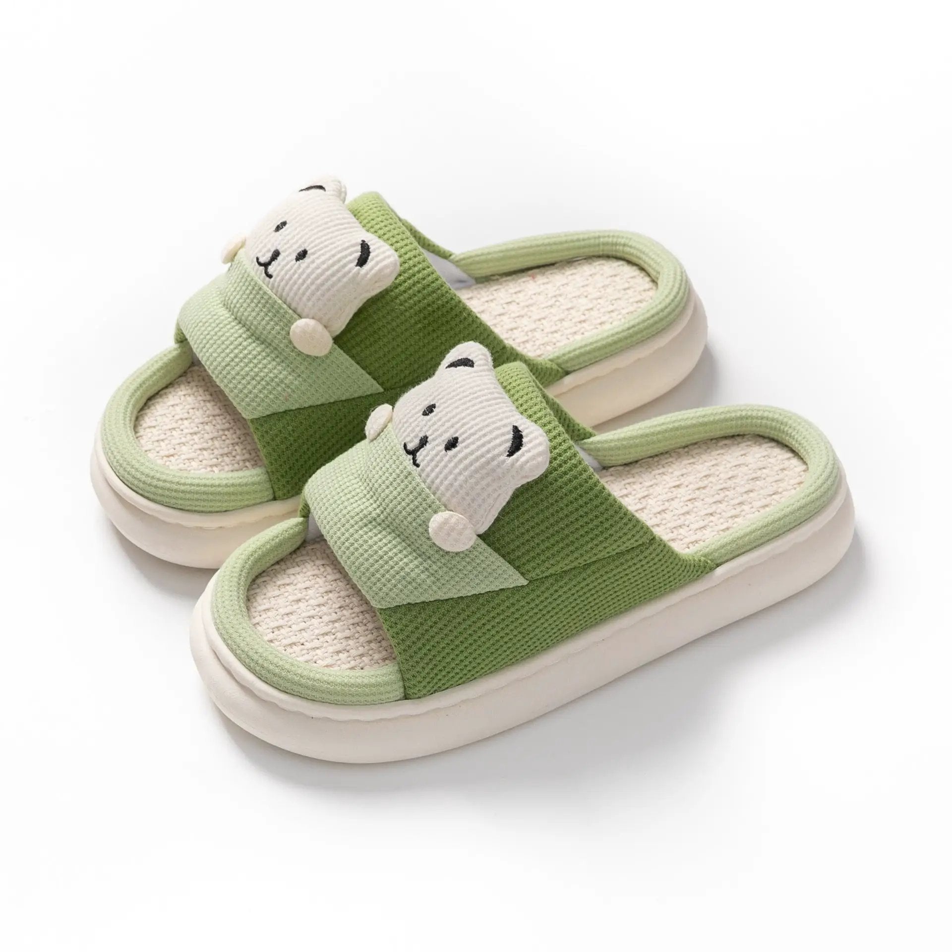 Cute Cartoon Bear Slippers Spring And Autumn Fashion Thick-soled Mute Linen Slipper Women's House Shoes by Dropshipman