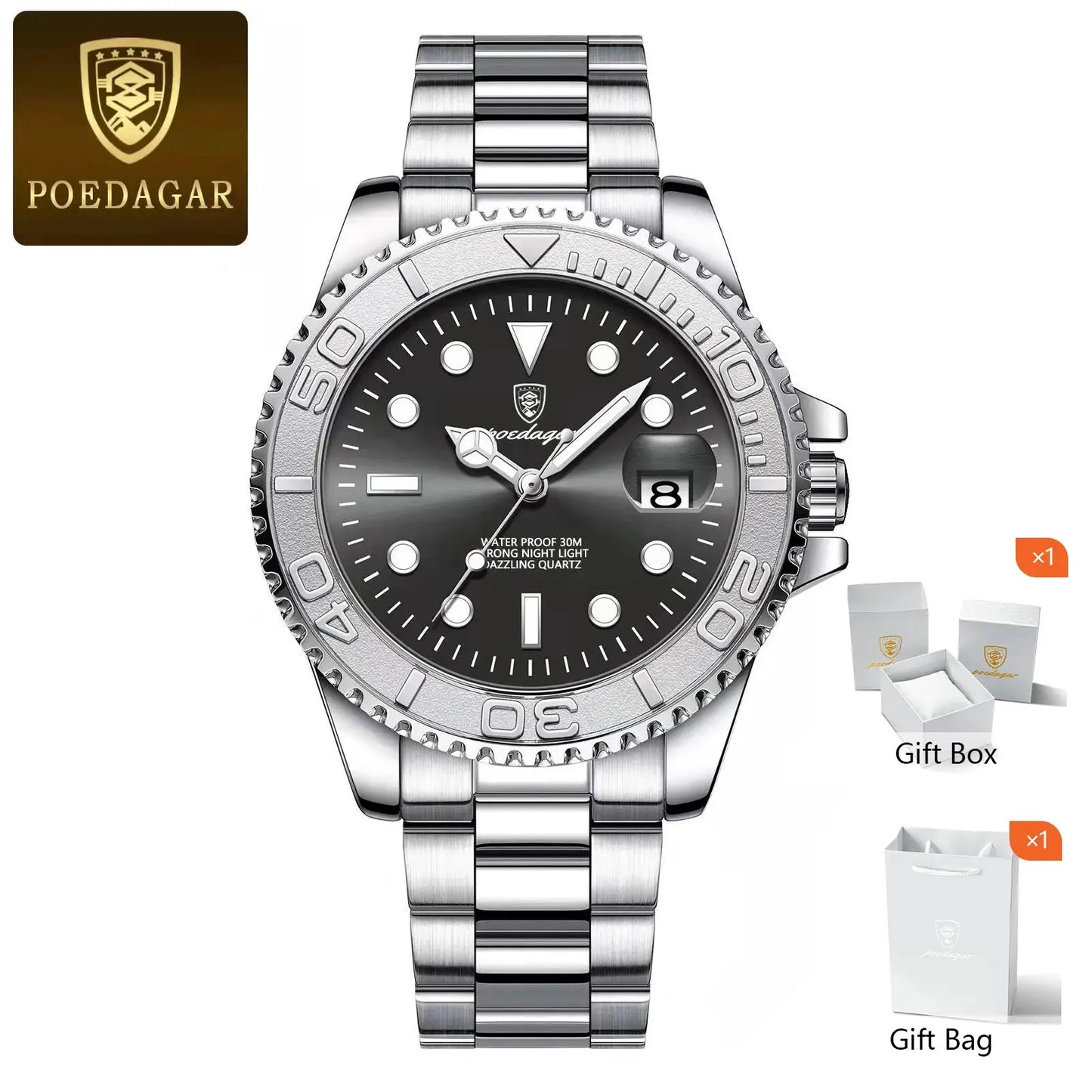 POEDAGAR Trendy Sport Man Watch Luminous Waterproof Stainless Steel Date Men Wristwatch Luxury Business Men's Quartz Watches+Box by All Mart Bristol Ltd