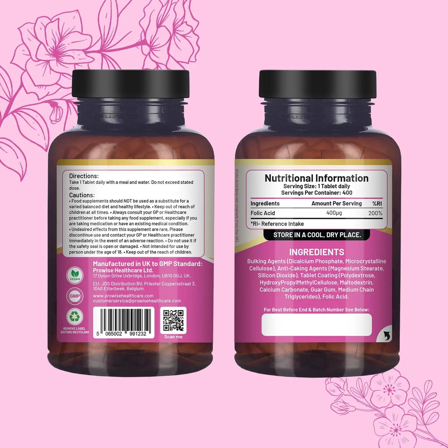 Folic Acid Tablets 400 mcg - 400 Vegan Vitamin B9 Tablets by Prowise Healthcare