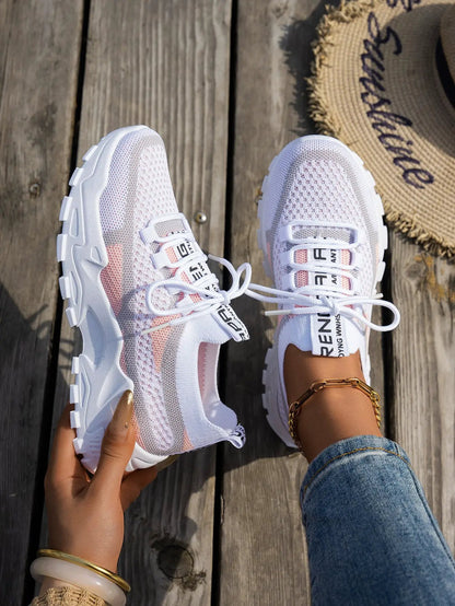Flyknit Mesh Shoes Women's Breathable Lace-up Sneakers Walking Running Casual Shoes by Dropshipman