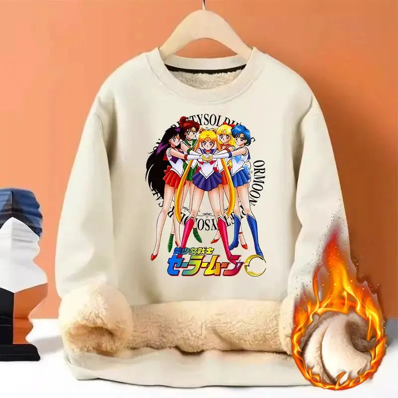 Sailor Moon Woman Thick Sweatshirt Lamb Wool Round Neck Hoodid Girl Cute Long Sleeves Fashion Sportswear Winter Warm Cartoon Top by All Mart Bristol Ltd