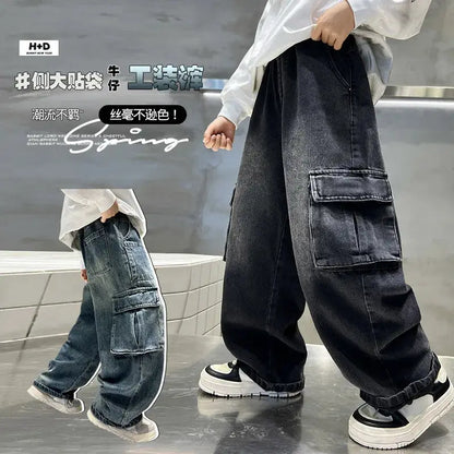 New Autumn Children Cargo Jeans with Side Pocket for Tween fried street Boys Loose Straight Denim Pants Kids Retro Blue Trousers