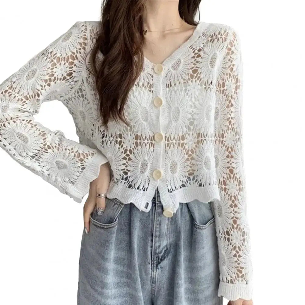 Handcrafted Lace Cardigan Crochet Women Cardigan 2025 3/4 Sleeve Hollow Out Open Front Sheer Sweater Boho Summer Knit Shrug by All Mart Bristol Ltd