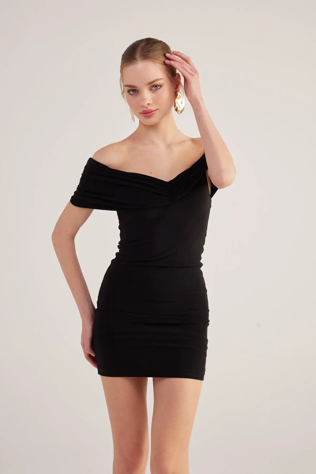 Muse Black Bardot Neck Mini Dress by Holly Lolly