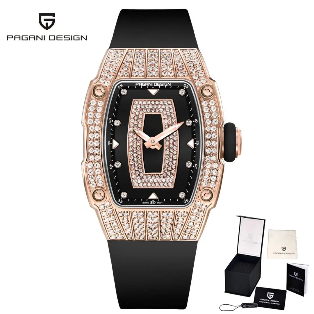 PAGANI DESIGN Top Luxury Diamond encrusted Women's Watch Fashion RubberWaterproof LuminousWine Bucket Case Women'sWatch+Gift Box by All Mart Bristol Ltd