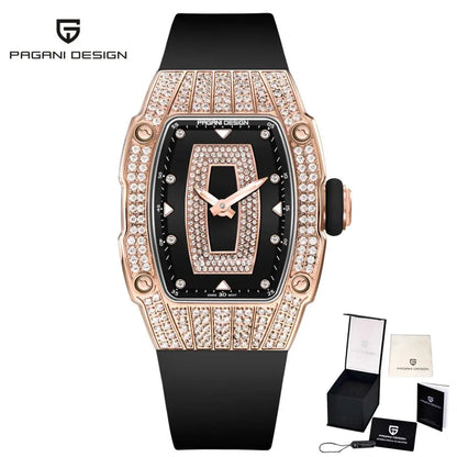 PAGANI DESIGN Top Luxury Diamond encrusted Women's Watch Fashion RubberWaterproof LuminousWine Bucket Case Women'sWatch+Gift Box by All Mart Bristol Ltd